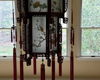 Chinese Dragon Carved Wood Lantern Chandelier with Tassels