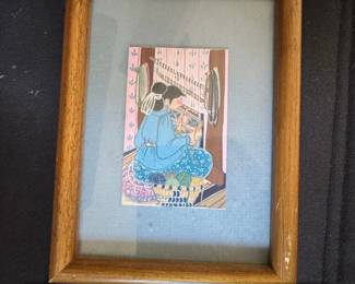 Framed Miniature Painting of a Woman Weaving