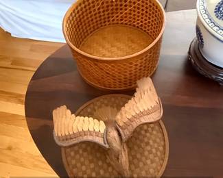 Woven Bamboo Basket with Carved Wooden Eagle Figurine Lid third image