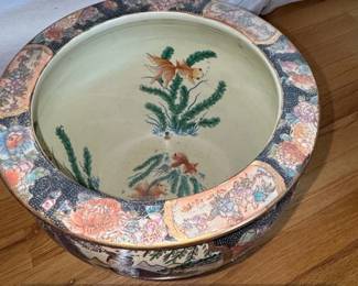 Vintage Royal Satsuma Style Porcelain Fishbowl Planter with Wooden Stand second image