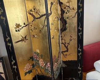 FourPanel Folding Screen with Birds and Flowers, Gold Leaf