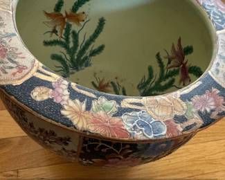 Vintage Japanese Satsuma Porcelain Fish Bowl Planter with Wooden Stand second image