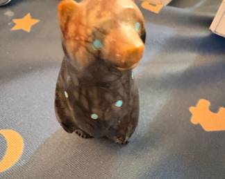 Carved Stone Bear Figurine with Turquoise Inlay
