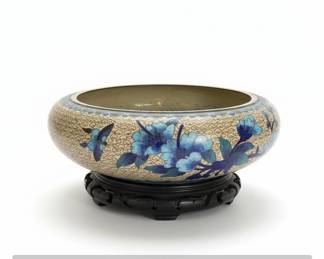Vintage Chinese Cloisonn Bowl with Peonies and Butterflies on Carved Stand fourth image
