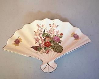 Vintage Japanese FanShaped Plate with Peacock and Floral Motif