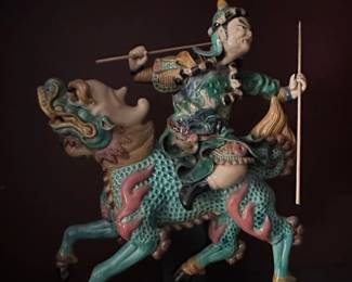 Chinese Ceramic Roof Tile Warrior on Dragon Figurine