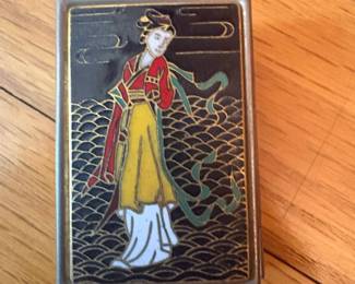 Vintage Enamel Hinged Box with Woman in Garden Scene