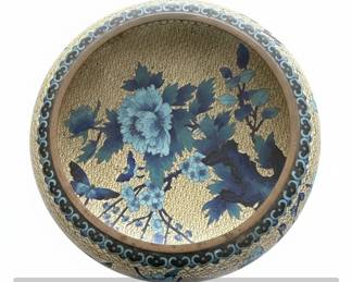 Vintage Chinese Cloisonn Bowl with Peonies and Butterflies on Carved Stand third image