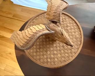 Woven Bamboo Basket with Carved Wooden Eagle Figurine Lid second image
