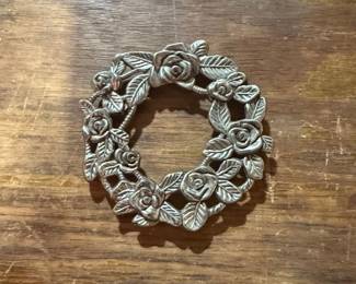 Silver Tone Rose Wreath Brooch