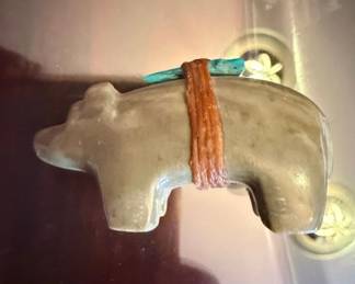 Zuni Carved Stone Bear Fetish with Turquoise Inlay