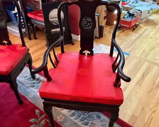 Chinese Rosewood tables and eight chairs Red Silk Cushion