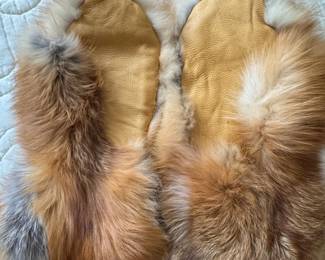Vintage Red Fox Fur and Leather Mittens