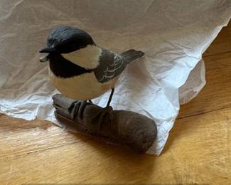Hand Carved Blackcapped Chickadee Figurine on Branch