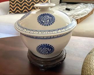 Vintage Blue and White Porcelain Lidded Bowl with Wooden Stand second image