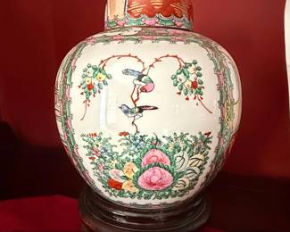 Antique Chinese Famille Rose Porcelain Ginger Jar with Lid and Stand