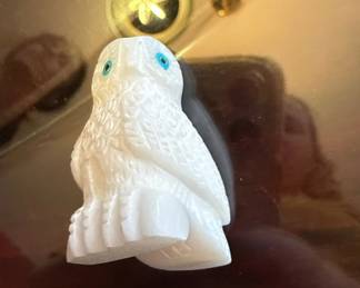 Carved Alabaster Owl Figurine with Blue Inlay Eyes