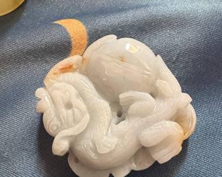 Carved White Jade Dragon and Phoenix Pendant