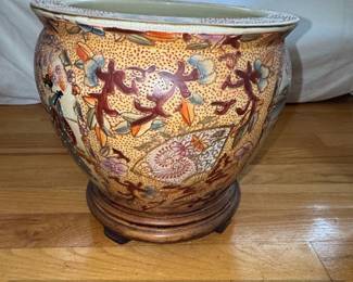 Satsuma Porcelain Fish Bowl Planter with Wooden Stand