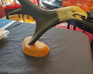 Carved Eagle Head and Antler Sculpture