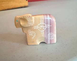 Carved Stone Bighorn Sheep Figurine with Native American Petroglyph Style Carvings