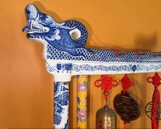 Blue and White Porcelain Dragon Motif Display Stand with Ornaments fourth image