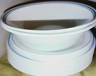 Vintage Corelle Plates and Serving Bowls, Blue Stripe