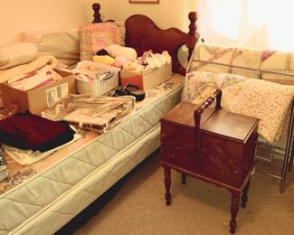 Twin Bed, Quilts, Accordion Sewing Basket