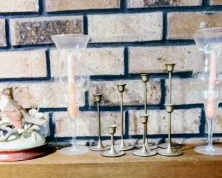 Andrea Porcelain Birds, Hurricane CandleHolders, Antique Brass Candleholders.