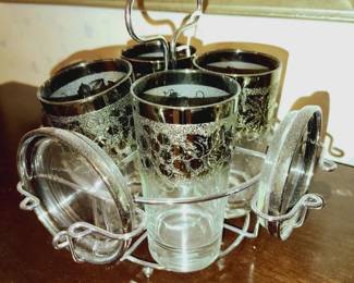 Mid Century Silver Embossed Grape Pattern  High Ball Glass Set with Caddy 