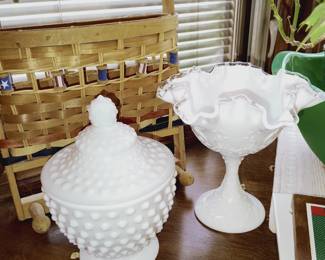  Fenton Ruffle Compote and Hobnail Covered Dish 