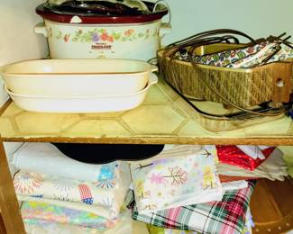 Vintage Crockpot, Pfaltzgraff Casserole Dish x2, Vintage Hot Tray, Plastic Picnic Tablecloths. 
