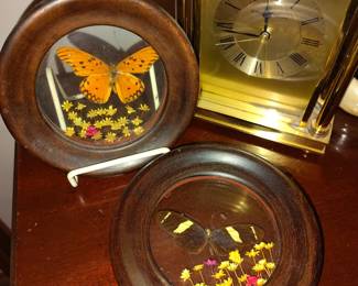 Vintage Pressed Glass Butterfly Art , Brass Howard Miller Desk Clock 