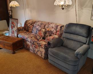 England Corsair Floral Sofa, Blue Rocker Recliner , Small Wooden Trunk 