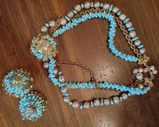 Vintage Miriam Haskell Baroque Pearl & Turquoise Necklace and Earrings