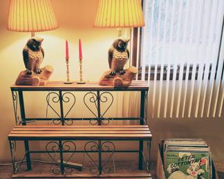 3 Tier Plant Stand, Ceramic Owl Lamps, Vintage Records 