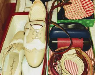Vintage Ferragamo Vara Pumps size 5.5, Ferragamo Wing Tip Oxfords size 5.5, Vintage Belts 