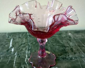 Fenton Cranberry Art Glass Pitcher And Compote, 7" 