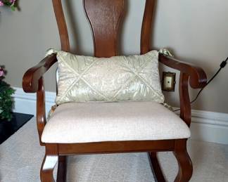 Rocking Chair With Upholstered Seat Cushion, Including Satin Fringed Throw Pillow, Approx 44" x 21.5" x 34"