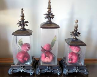 Glass Jars With Decorative Metal Lids And Artificial Pomegranates, Qty 3, 17", 15" And 13" 