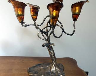 Art Nouveau-Style Lily Lamp With Iridescent Glass, 13.5" Tall