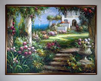 Framed Painting Of Flower Garden On Canvas, 49.25" x 37.5"
