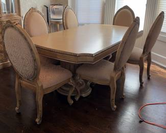 Pedestal Dining Table With Six Upholstered Dining Chairs, Includes 2 Leaves, 31" x 45" x 82"