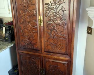  Solid Wood Entertainment Armoire With Floral Carved Accents, 74" x 40" x 20"