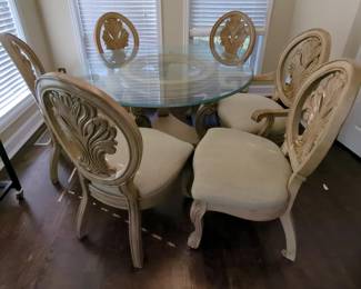 Glass Top Dining Room Table, 30" Tall 54" Diameter, With Chairs, Qty 6, 42" x 23" x 24"