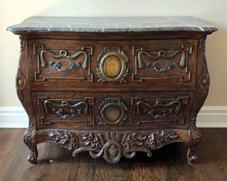 Collezione Europa Two Drawer Bombe Chest With Two Drawers, Marble Top, Claw Feet, And Brass Accents, 36" x 48" x 21.5