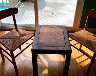 Wood Chess Table w 2 Rush Seat Chairs Small Game Table Set
