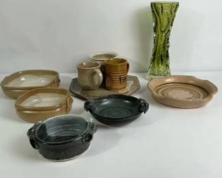 Studio Pottery Signed Pieces, Bowls, Mugs Green Art Glass Vase