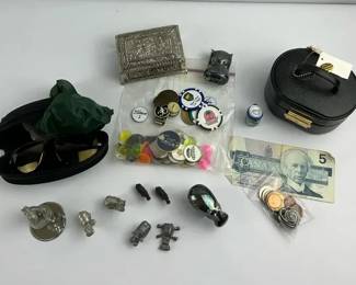 Mixed Collectibles Lot with Coins, Pins, Trinket Boxes, and Small Figurines