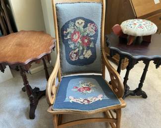 Vintage Accent Tables, Needlepoint Chair Footstool Set